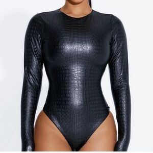 Naked Wardrobe Croc Embossed Faux Leather Bodysuit *Never Worn*